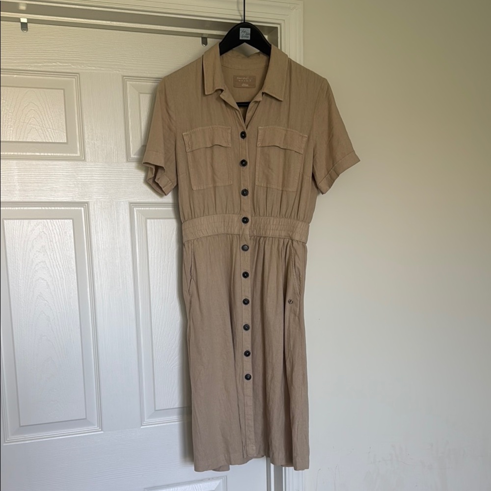 Tan Buttoned Midi Dress with Notched Collar